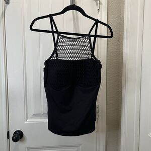 Gibson Latimer Black Lace Crochet Cage Neckline Tankini Swim Top Womens L NEW